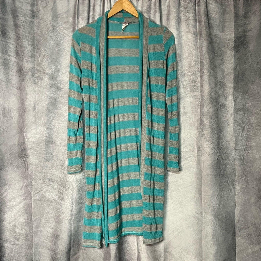 Pretty Young Thing Robin’s Egg Blue & Light Gray Open Front Long Sleeve Duster - Picture 6 of 8